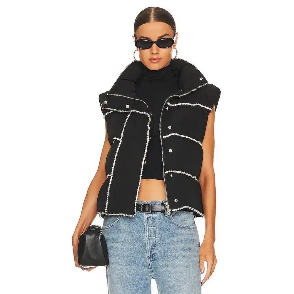 NWT h:ours Adelaida Puffer Vest S Black Rhinestone Embellished Revolve